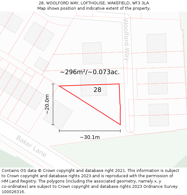 28, WOOLFORD WAY, LOFTHOUSE, WAKEFIELD, WF3 3LA: Plot and title map