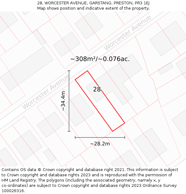 28, WORCESTER AVENUE, GARSTANG, PRESTON, PR3 1EJ: Plot and title map