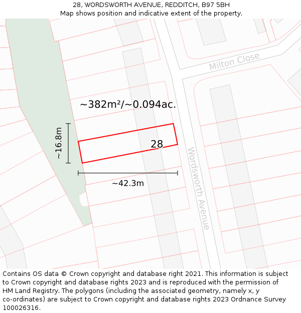 28, WORDSWORTH AVENUE, REDDITCH, B97 5BH: Plot and title map