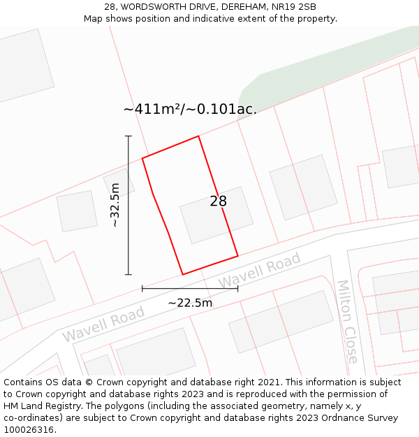 28, WORDSWORTH DRIVE, DEREHAM, NR19 2SB: Plot and title map