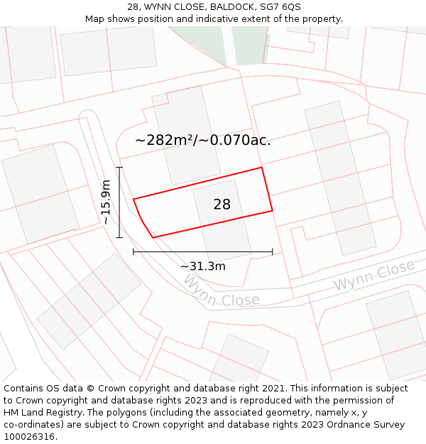 28, WYNN CLOSE, BALDOCK, SG7 6QS: Plot and title map