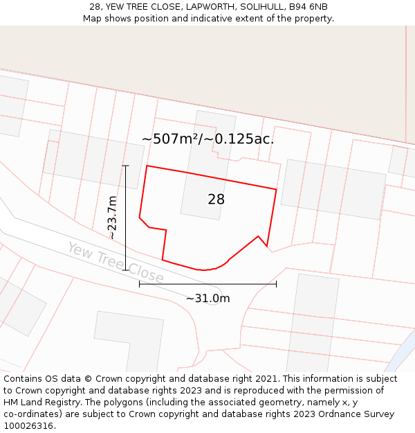 28, YEW TREE CLOSE, LAPWORTH, SOLIHULL, B94 6NB: Plot and title map