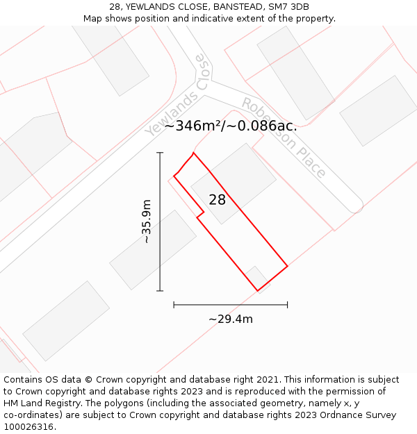 28, YEWLANDS CLOSE, BANSTEAD, SM7 3DB: Plot and title map