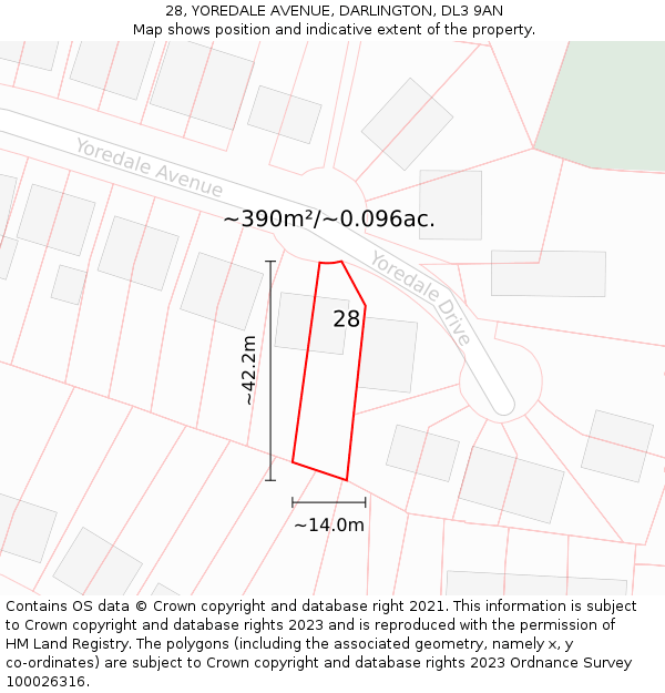 28, YOREDALE AVENUE, DARLINGTON, DL3 9AN: Plot and title map
