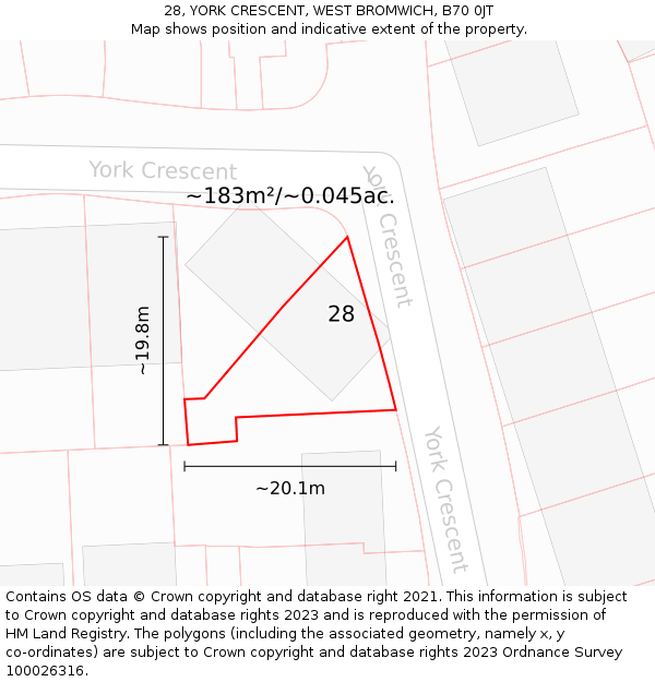 28, YORK CRESCENT, WEST BROMWICH, B70 0JT: Plot and title map