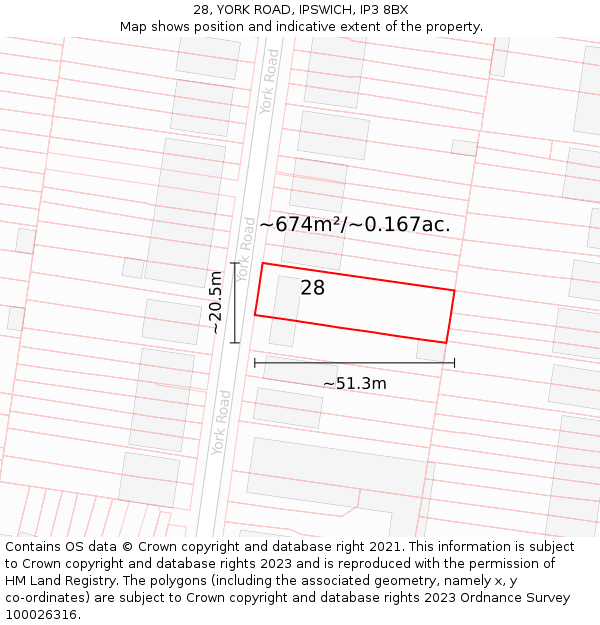 28, YORK ROAD, IPSWICH, IP3 8BX: Plot and title map