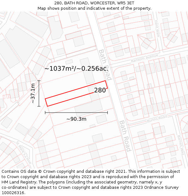 280, BATH ROAD, WORCESTER, WR5 3ET: Plot and title map