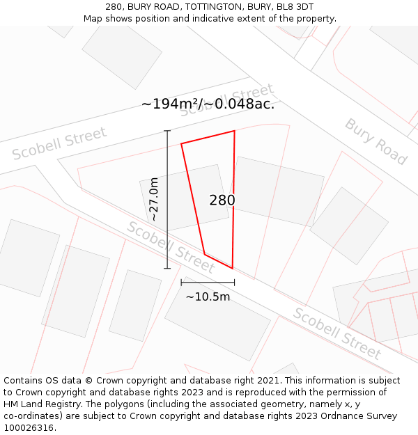 280, BURY ROAD, TOTTINGTON, BURY, BL8 3DT: Plot and title map