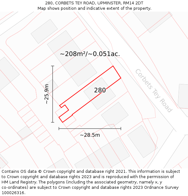 280, CORBETS TEY ROAD, UPMINSTER, RM14 2DT: Plot and title map