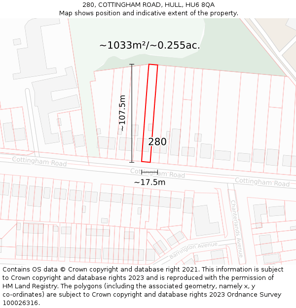 280, COTTINGHAM ROAD, HULL, HU6 8QA: Plot and title map
