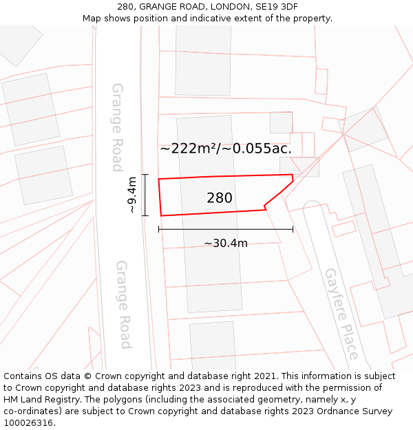280, GRANGE ROAD, LONDON, SE19 3DF: Plot and title map
