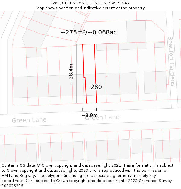 280, GREEN LANE, LONDON, SW16 3BA: Plot and title map