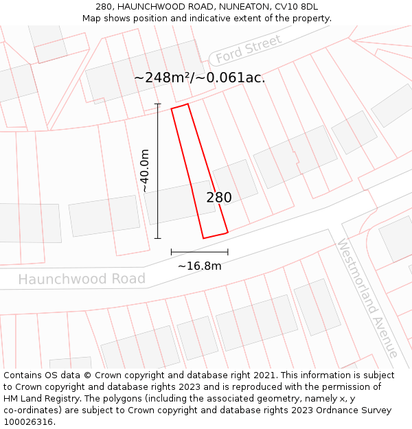 280, HAUNCHWOOD ROAD, NUNEATON, CV10 8DL: Plot and title map