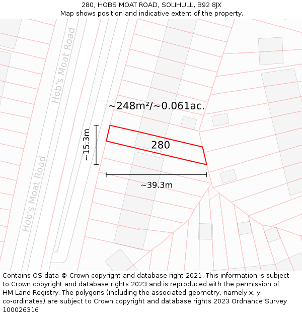 280, HOBS MOAT ROAD, SOLIHULL, B92 8JX: Plot and title map