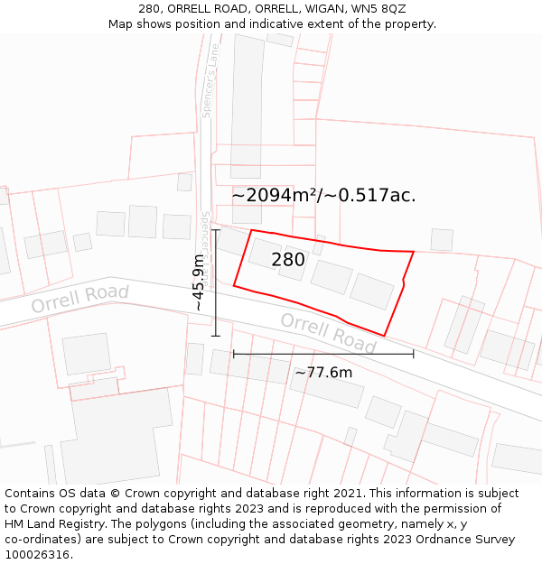 280, ORRELL ROAD, ORRELL, WIGAN, WN5 8QZ: Plot and title map