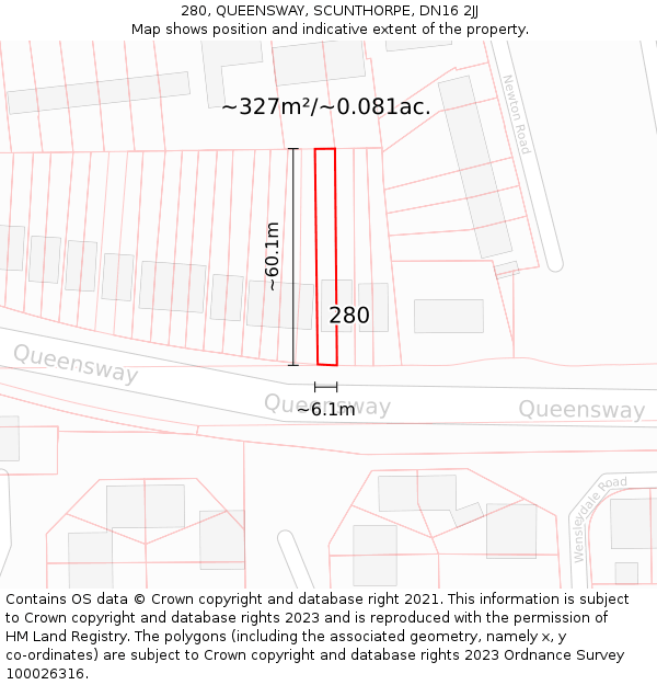 280, QUEENSWAY, SCUNTHORPE, DN16 2JJ: Plot and title map