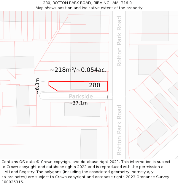 280, ROTTON PARK ROAD, BIRMINGHAM, B16 0JH: Plot and title map
