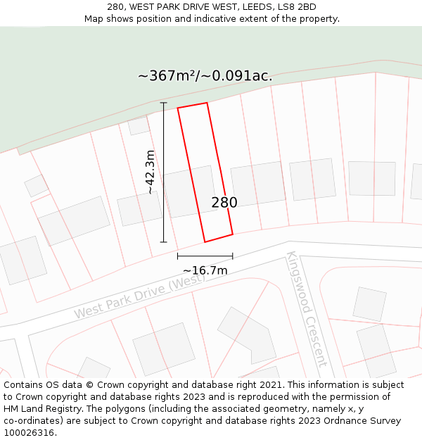 280, WEST PARK DRIVE WEST, LEEDS, LS8 2BD: Plot and title map