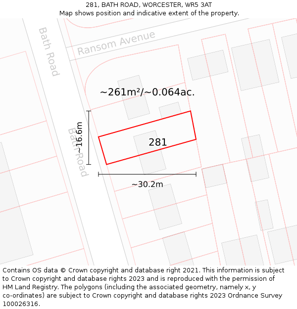 281, BATH ROAD, WORCESTER, WR5 3AT: Plot and title map