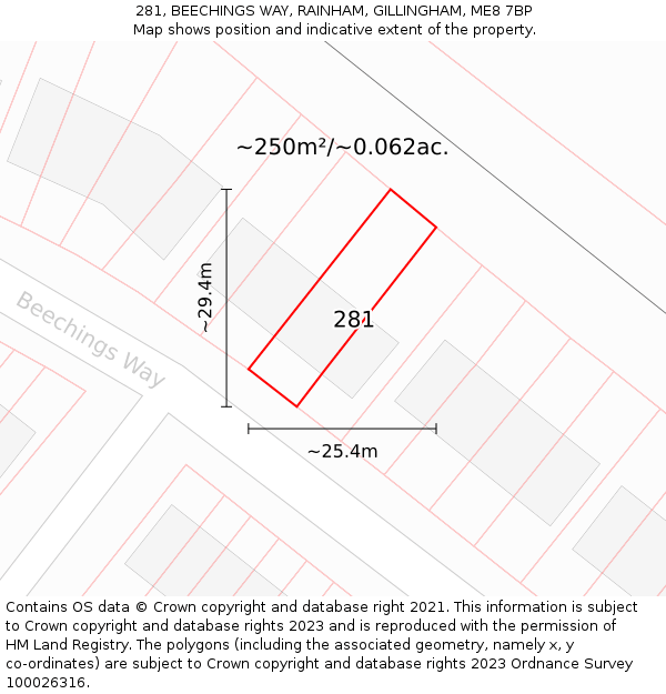 281, BEECHINGS WAY, RAINHAM, GILLINGHAM, ME8 7BP: Plot and title map