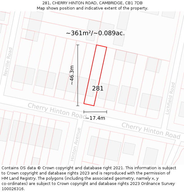 281, CHERRY HINTON ROAD, CAMBRIDGE, CB1 7DB: Plot and title map