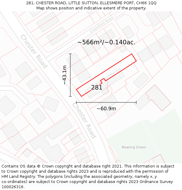 281, CHESTER ROAD, LITTLE SUTTON, ELLESMERE PORT, CH66 1QQ: Plot and title map
