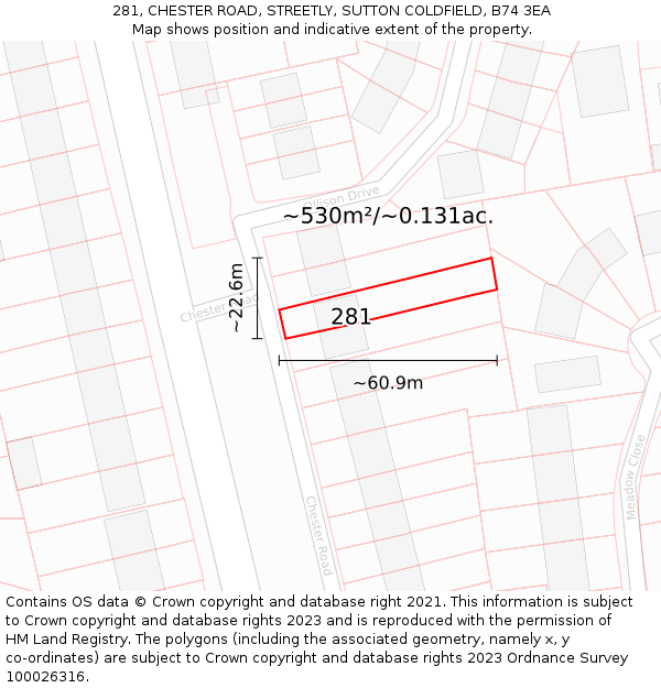 281, CHESTER ROAD, STREETLY, SUTTON COLDFIELD, B74 3EA: Plot and title map