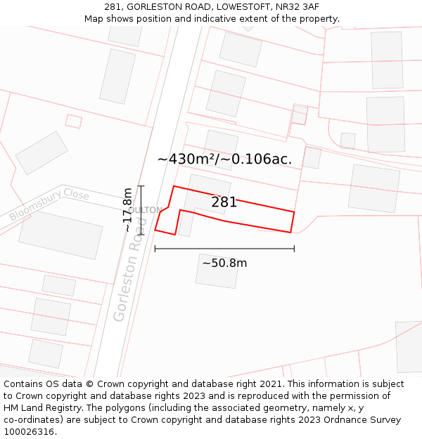 281, GORLESTON ROAD, LOWESTOFT, NR32 3AF: Plot and title map