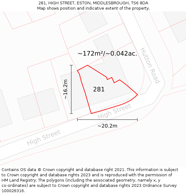 281, HIGH STREET, ESTON, MIDDLESBROUGH, TS6 8DA: Plot and title map