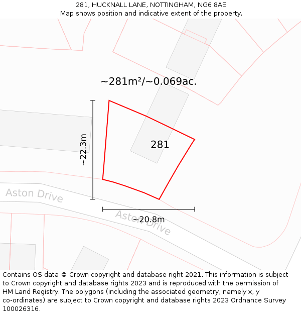 281, HUCKNALL LANE, NOTTINGHAM, NG6 8AE: Plot and title map