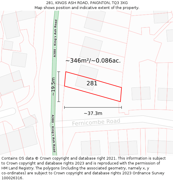 281, KINGS ASH ROAD, PAIGNTON, TQ3 3XG: Plot and title map