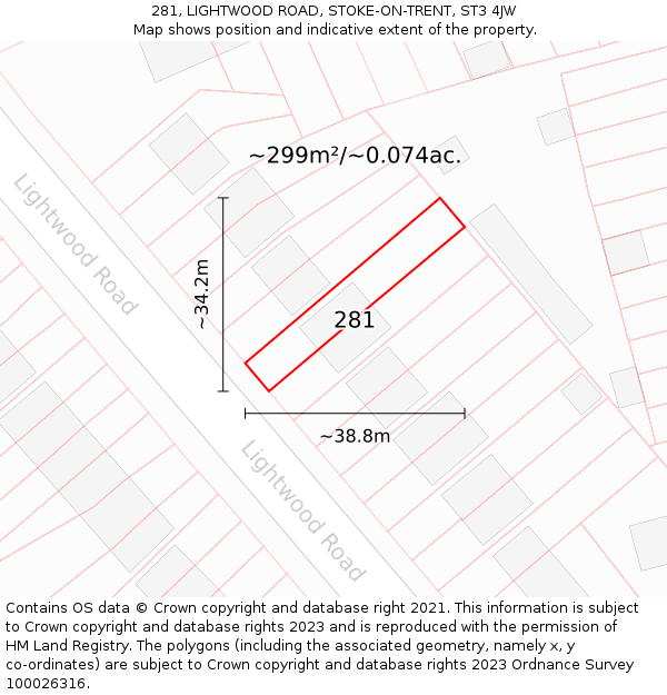 281, LIGHTWOOD ROAD, STOKE-ON-TRENT, ST3 4JW: Plot and title map