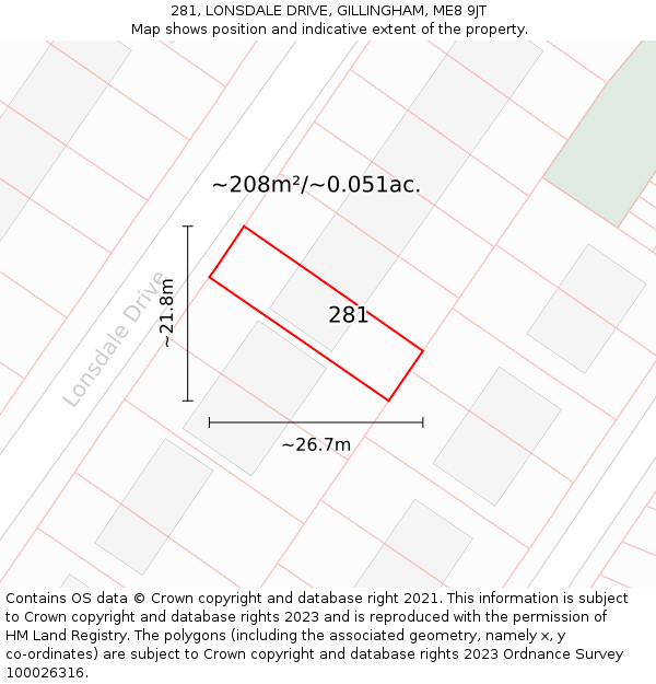 281, LONSDALE DRIVE, GILLINGHAM, ME8 9JT: Plot and title map