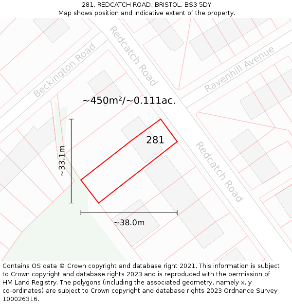 281, REDCATCH ROAD, BRISTOL, BS3 5DY: Plot and title map