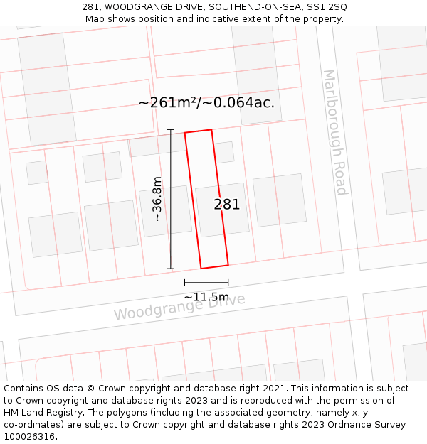 281, WOODGRANGE DRIVE, SOUTHEND-ON-SEA, SS1 2SQ: Plot and title map