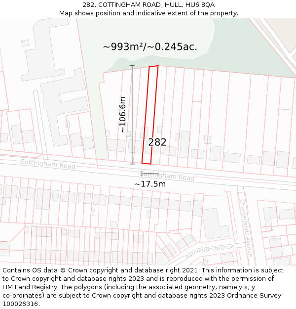 282, COTTINGHAM ROAD, HULL, HU6 8QA: Plot and title map