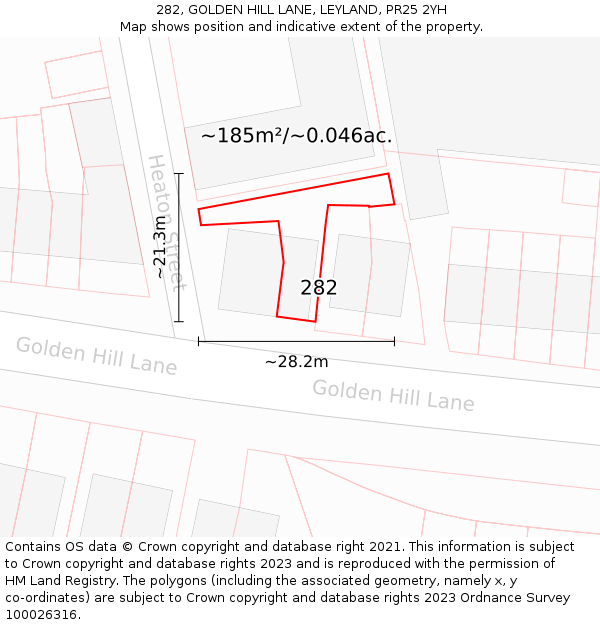 282, GOLDEN HILL LANE, LEYLAND, PR25 2YH: Plot and title map