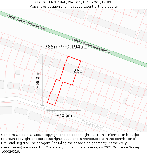 282, QUEENS DRIVE, WALTON, LIVERPOOL, L4 8SL: Plot and title map