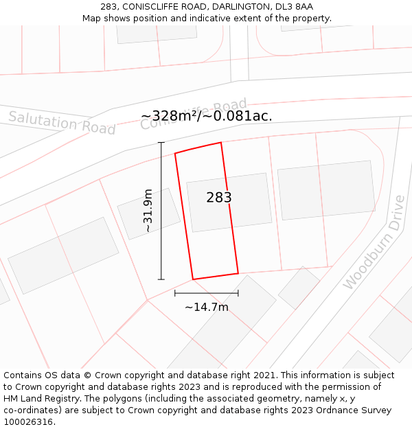 283, CONISCLIFFE ROAD, DARLINGTON, DL3 8AA: Plot and title map