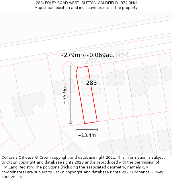 283, FOLEY ROAD WEST, SUTTON COLDFIELD, B74 3NU: Plot and title map
