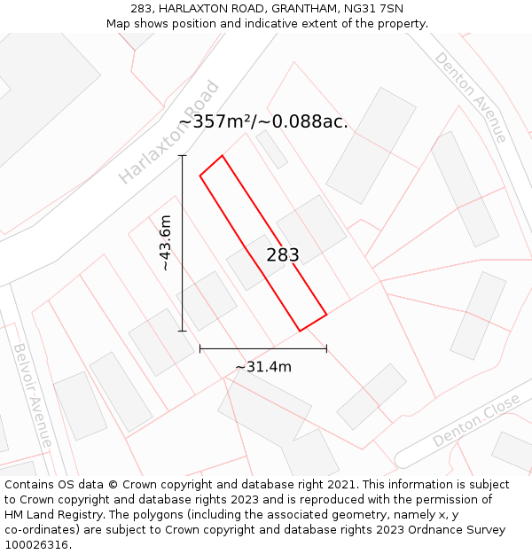 283, HARLAXTON ROAD, GRANTHAM, NG31 7SN: Plot and title map