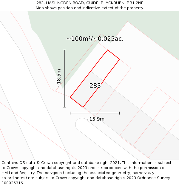 283, HASLINGDEN ROAD, GUIDE, BLACKBURN, BB1 2NF: Plot and title map