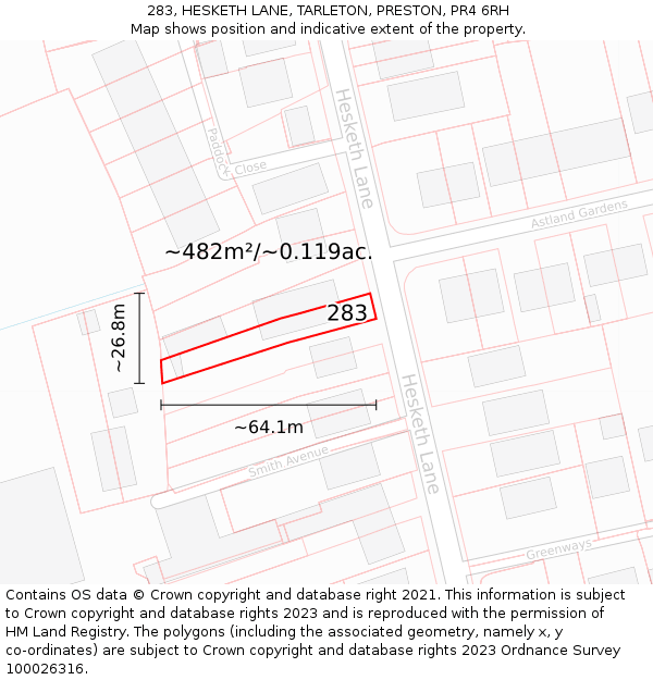 283, HESKETH LANE, TARLETON, PRESTON, PR4 6RH: Plot and title map