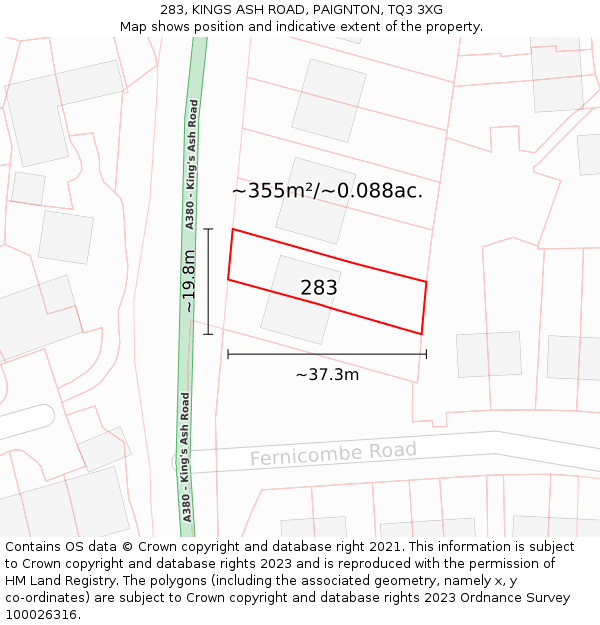 283, KINGS ASH ROAD, PAIGNTON, TQ3 3XG: Plot and title map