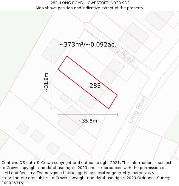 283, LONG ROAD, LOWESTOFT, NR33 9DF: Plot and title map
