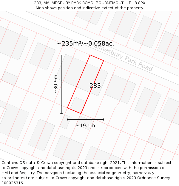 283, MALMESBURY PARK ROAD, BOURNEMOUTH, BH8 8PX: Plot and title map