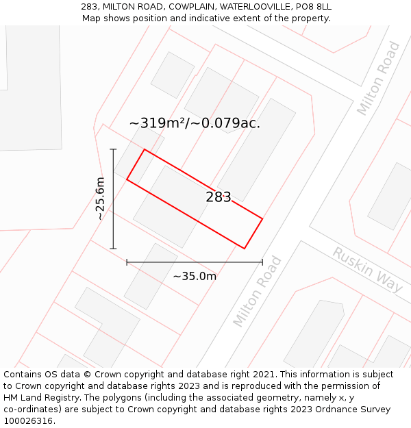 283, MILTON ROAD, COWPLAIN, WATERLOOVILLE, PO8 8LL: Plot and title map