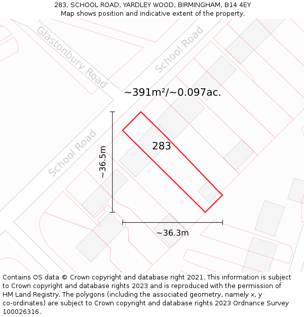 283, SCHOOL ROAD, YARDLEY WOOD, BIRMINGHAM, B14 4EY: Plot and title map