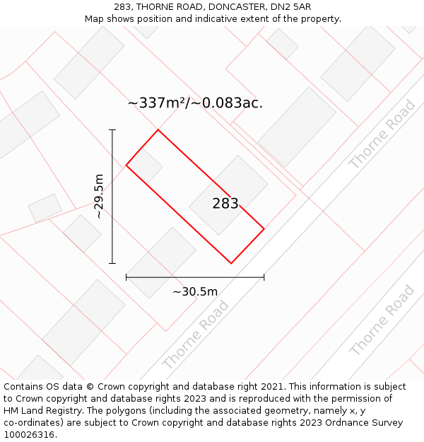 283, THORNE ROAD, DONCASTER, DN2 5AR: Plot and title map