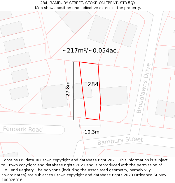 284, BAMBURY STREET, STOKE-ON-TRENT, ST3 5QY: Plot and title map